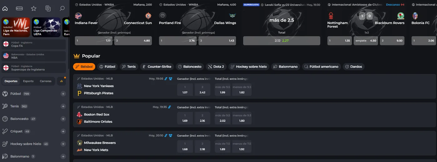 Apuestas deportivas de Corgibet Casino con partidos, mercados y cuotas disponibles