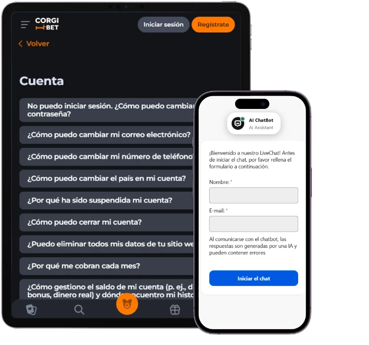 Centro de ayuda de Corgibet Casino con preguntas frecuentes y chat de soporte