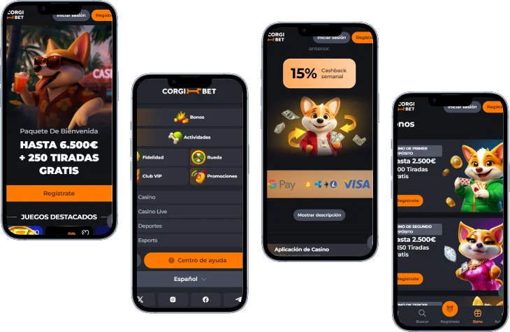 Versión móvil de Corgibet Casino con bonos, pagos, menú y promociones